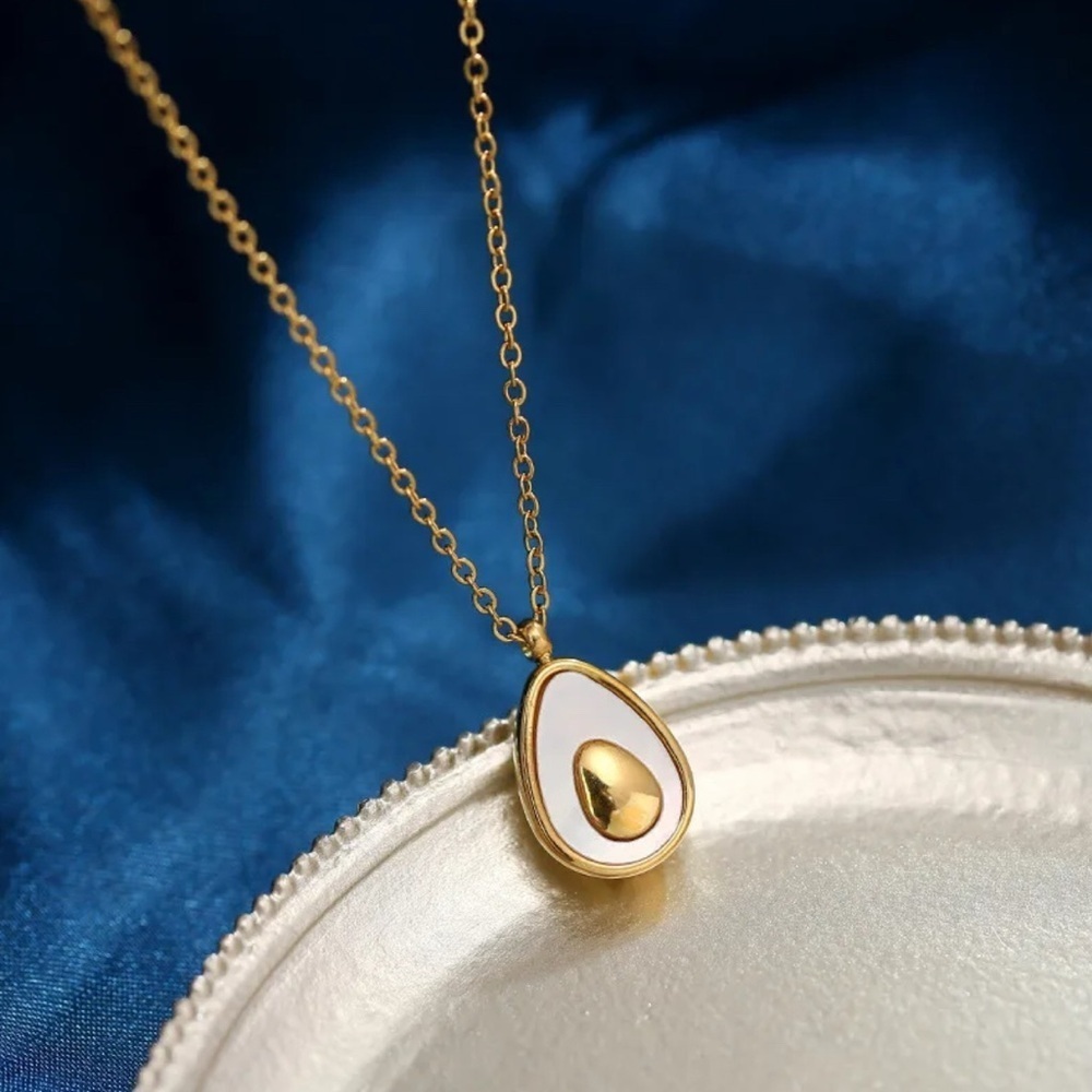 18K Gold Avocado W/ Seashell Accents Necklace Minimalist Bohemian No Fade